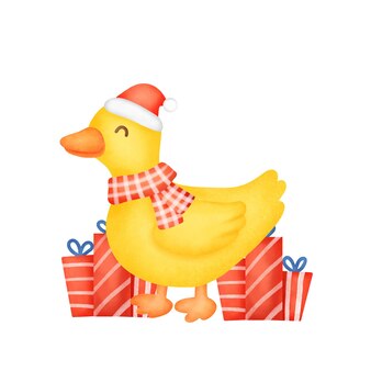 Um pato bonito para cartão de natal em estilo aquarela.