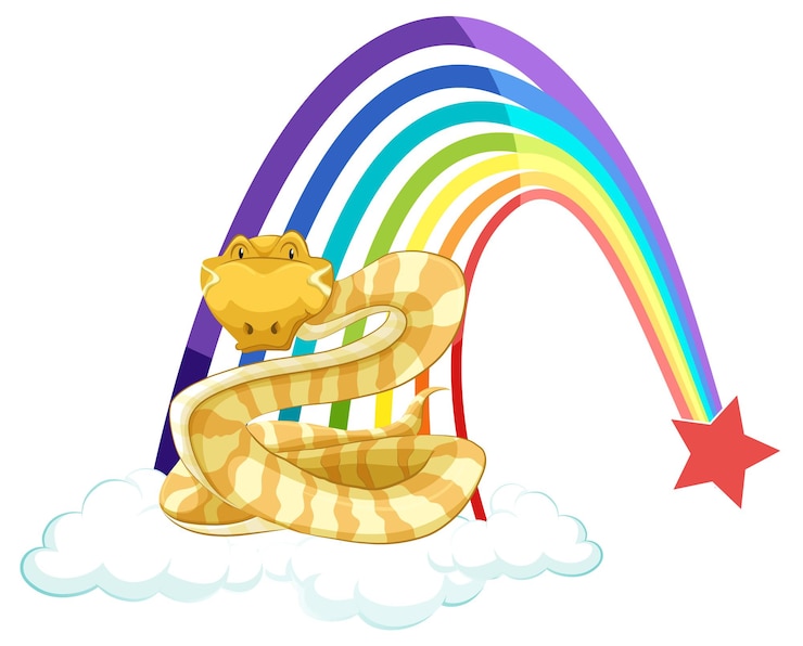 Vetor grátis um personagem de desenho animado de cobra na nuvem com arco-íris no fundo branco
