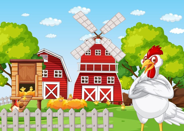 Vetor grátis um personagem de desenho animado de frango em frente à fazenda