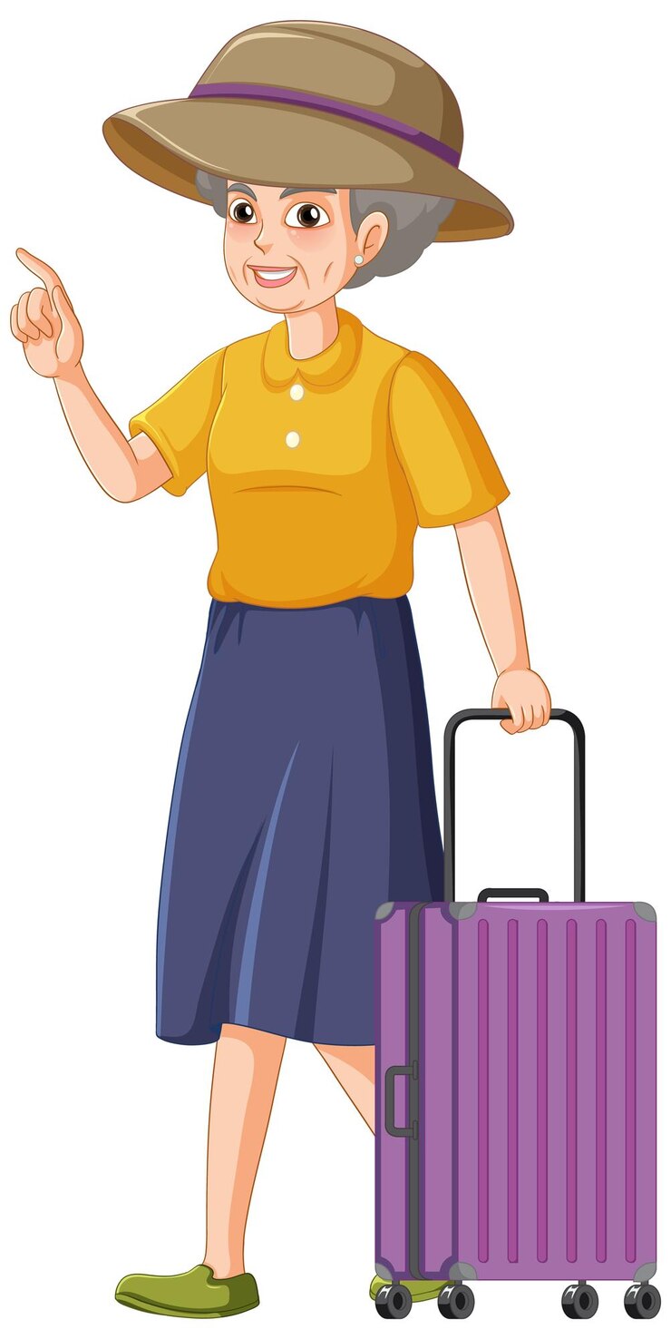 Vetor grátis um personagem de desenho animado feminino sênior com bagagem de viagem