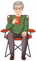 Vetor grátis um personagem de desenho animado masculino sênior bebendo café na cadeira de acampamento