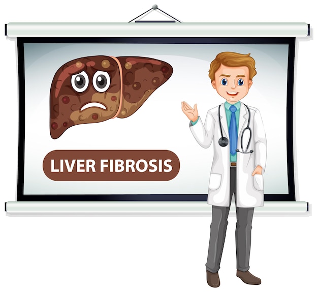 Vetor grátis um personagem de desenho animado médico explicando fibrose hepática