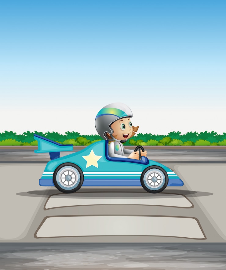 Vetor grátis um piloto feminino em seu carro de corrida azul