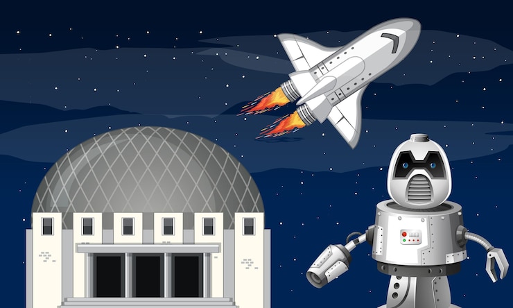 Vetor grátis um planetário com foguete no céu noturno