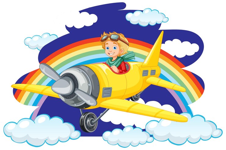 Vetor grátis um rapaz feliz a voar num avião com um arco-íris no céu