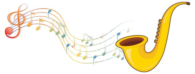 Um saxofone com notas musicais em fundo branco