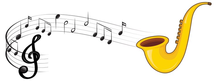 Vetor grátis um saxofone com notas musicais em fundo branco
