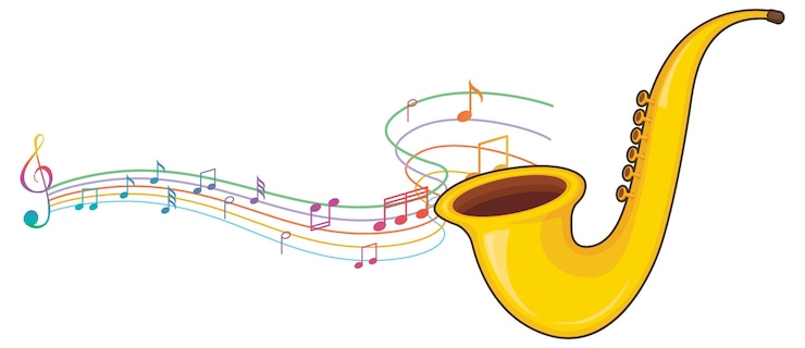 Vetor grátis um saxofone com notas musicais em fundo branco