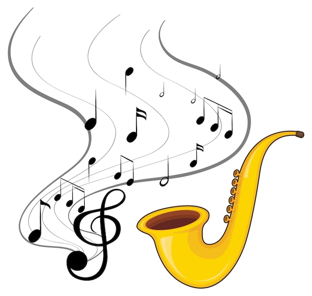 Um saxofone com notas musicais em fundo branco