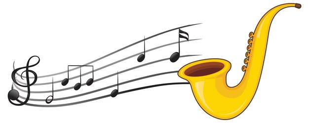 Um saxofone com notas musicais em fundo branco