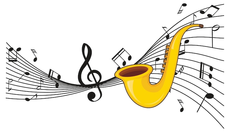 Vetor grátis um saxofone com notas musicais em fundo branco