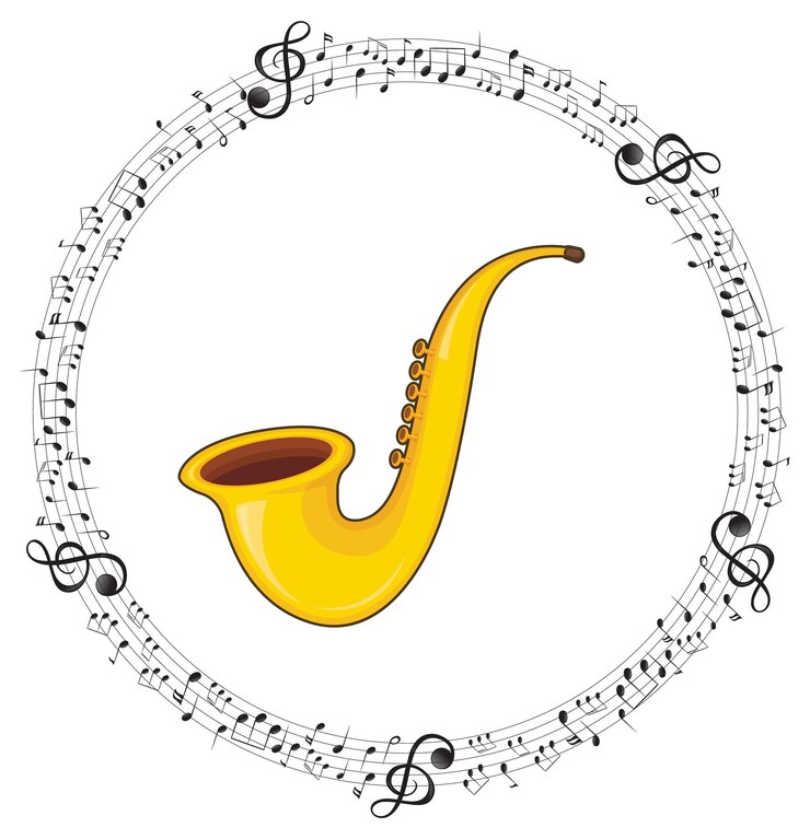 Vetor grátis um saxofone com notas musicais em fundo branco