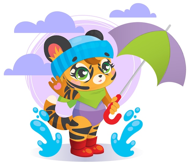 Um tigre bebê fofo caminha ao ar livre sob um guarda-chuva ilustração pré-escolar infantil Vetor Premium
