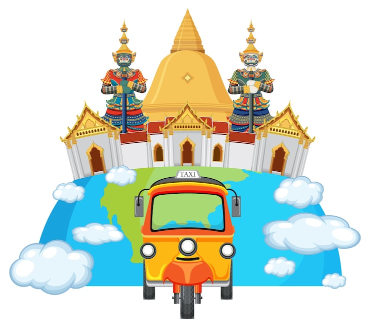 Vetor grátis um tuk-tuk tailandês colorido e uma ilustração de um templo