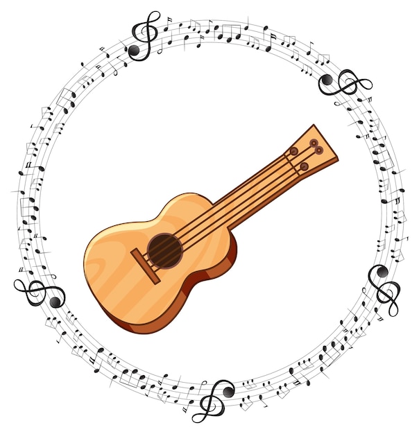 Um ukulele com notas musicais em fundo branco