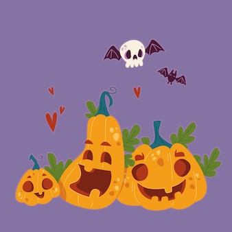 Uma família de três abóboras para o halloween. abóboras com sorrisos. ilustração vetorial no estilo dos desenhos animados infantis. clipart engraçado isolado em um fundo roxo. impressão fofa para diversão de halloween