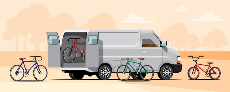 Vetor grátis uma família fez um passeio de bicicleta quando usou uma van para carregar várias bicicletas para que todos pudessem ter uma bicicleta para andar. design de ilustração vetorial plana