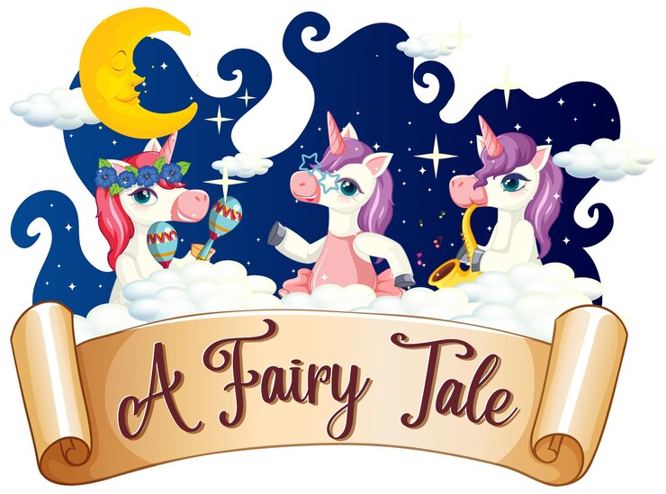 Vetor grátis uma fonte de conto de fadas com muitos personagens de desenhos animados de unicórnios dançando em uma nuvem