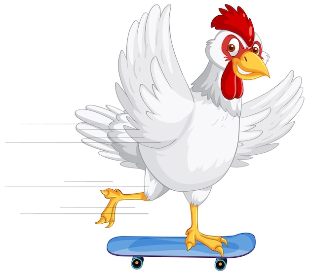 Uma galinha branca andando de skate