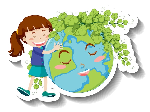 Uma garota abraçando o planeta terra sorridente
