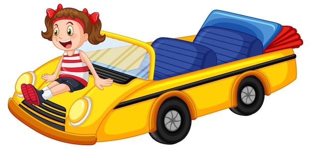 Uma garota com carro conversível vintage amarelo