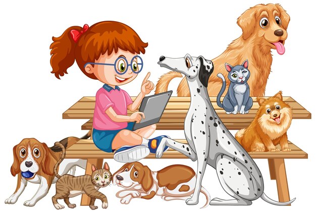 Vetor grátis uma garota com seus cachorros fofos no estilo cartoon