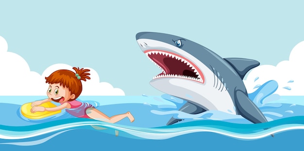 Vetor grátis uma garota escapando de um tubarão agressivo