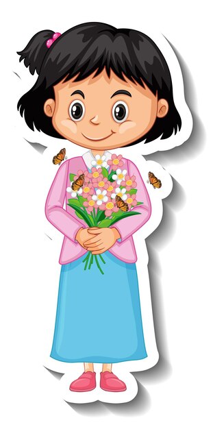 Uma garota segurando um buquê de flores adesivo de personagem de desenho animado