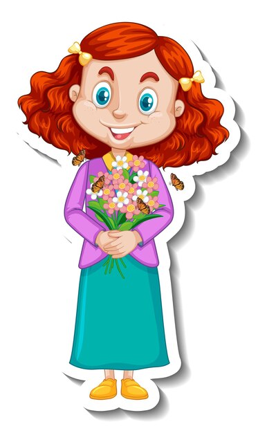 Uma garota segurando um personagem de desenho animado de buquê de flores
