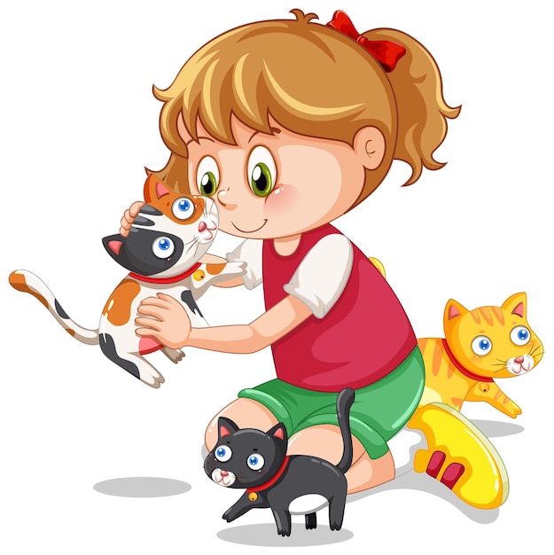 Uma menina brincando com seus gatos