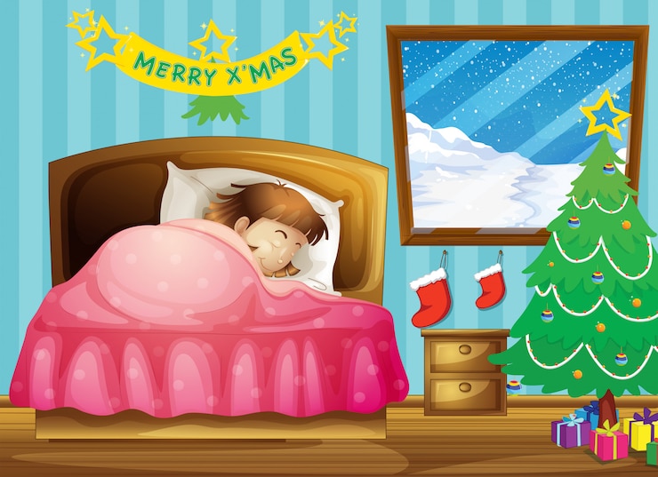 Vetor grátis uma menina dormindo em seu quarto com uma árvore de natal