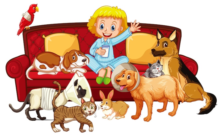 Vetor grátis uma menina sentada com muitos tipos de seus animais de estimação