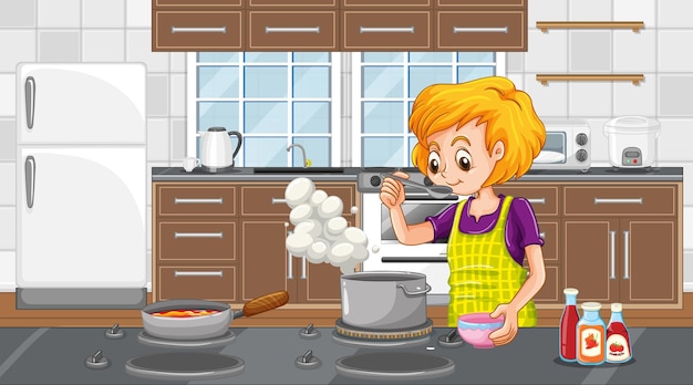 Uma mulher feliz cozinhando na cena da cozinha