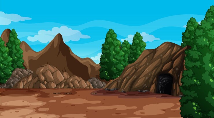 Vetor grátis uma paisagem de cena natural com caverna