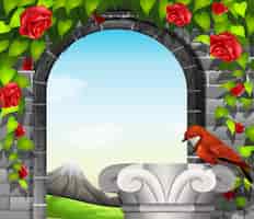 Vetor grátis uma parede de pedra com rosas e um pássaro
