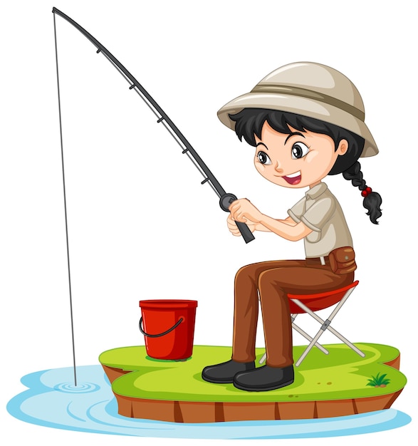 Uma personagem de desenho animado sentada e pescando em um fundo branco