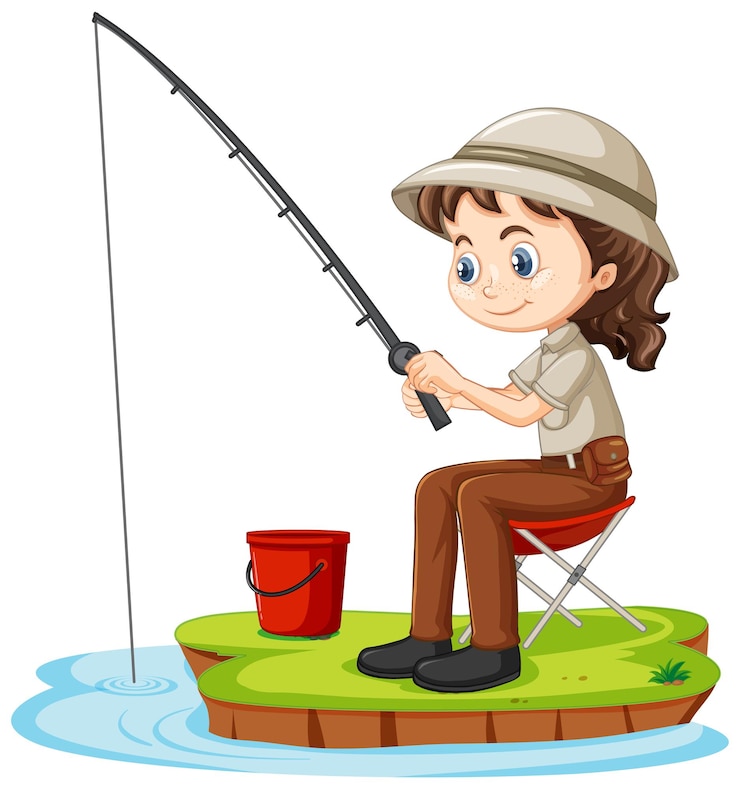 Vetor grátis uma personagem de desenho animado sentada e pescando no branco