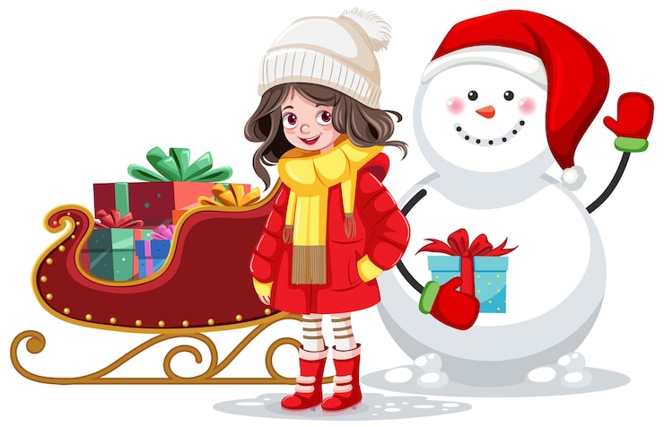 Vetor grátis uma rapariga à nossa porta no inverno frio do natal