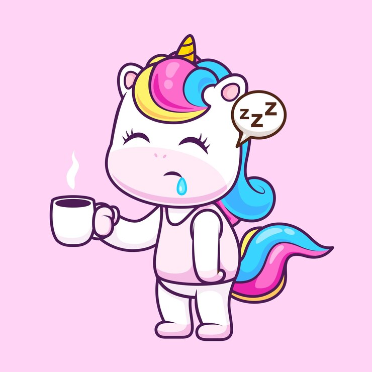 Vetor grátis unicórnio bonito adormecido segurando café desenho animado ícone vetorial ilustração animal bebida isolada plana
