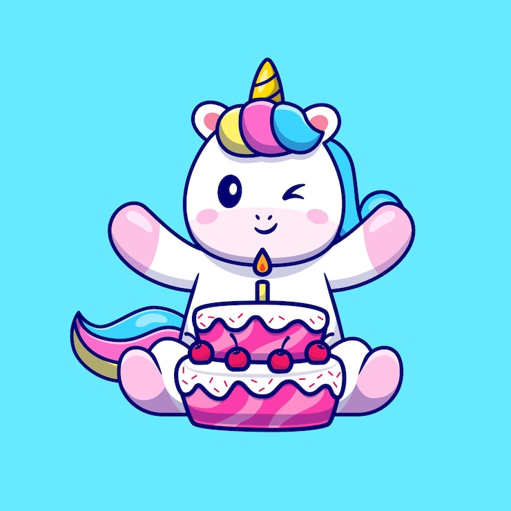 Vetor grátis unicórnio bonito com ilustração de ícone de vetor de bolo de aniversário. conceito de ícone de alimento animal isolado vetor premium. estilo flat cartoon