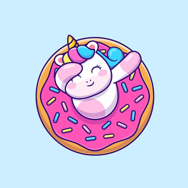 Vetor grátis unicórnio bonito que esfrega com donut cartoon vector icon ilustração. conceito de ícone de alimento animal isolado vetor. estilo flat cartoon