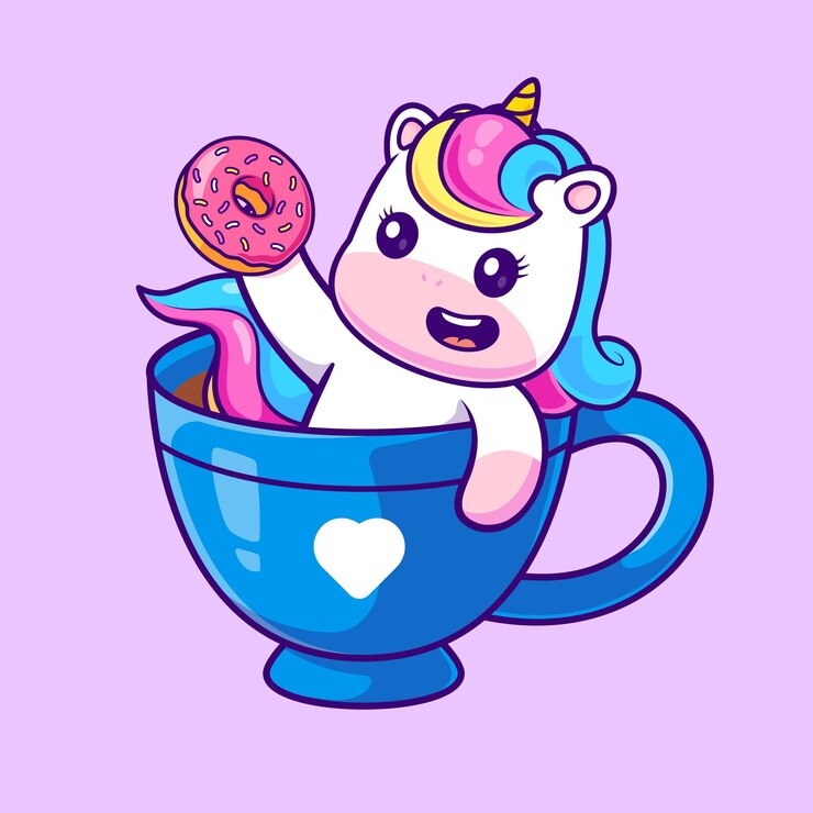 Vetor grátis unicórnio bonito segurando donut em café desenho animado ícone vetorial ilustração animal bebida isolada plana
