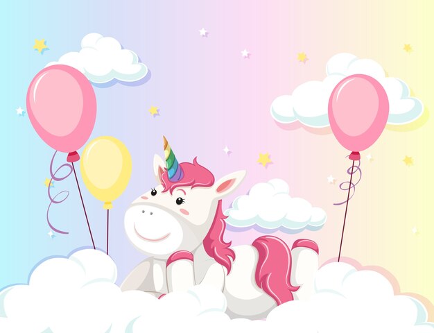 Unicórnio deitado na nuvem no fundo colorido do céu em tons pastel