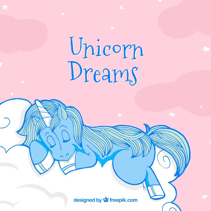 Vetor grátis unicornio desenhado a mão dormindo em um fundo de nuvem