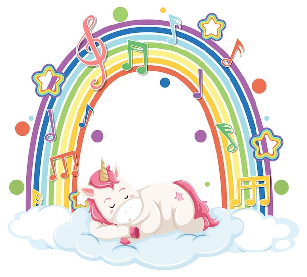 Vetor grátis unicórnio dormindo na nuvem com arco-íris e símbolo de melodia