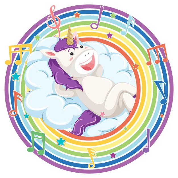 Unicórnio em moldura redonda de arco-íris com símbolo de melodia