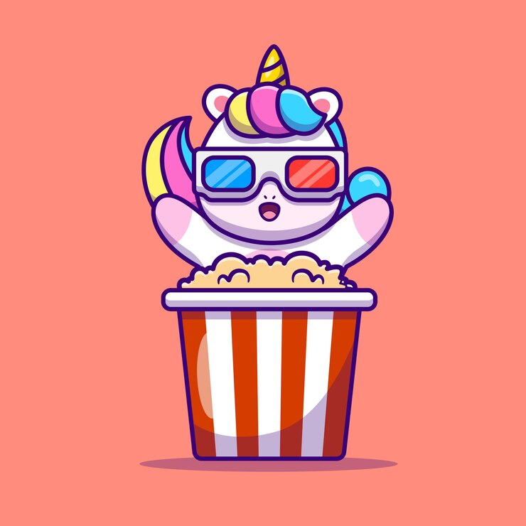 Vetor grátis unicórnio fofo comendo pipoca ilustração em vetor dos desenhos animados. vetor isolado conceito de comida animal. estilo flat cartoon