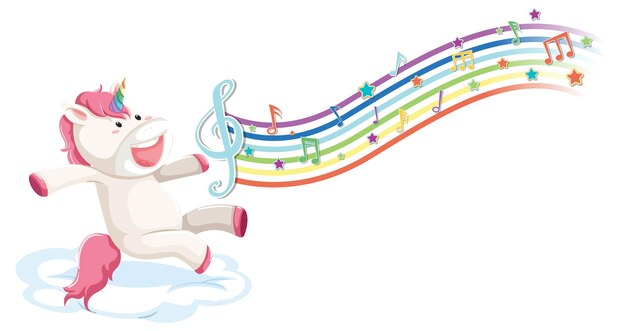 Unicórnio fofo parado na nuvem com símbolos de melodia no arco-íris
