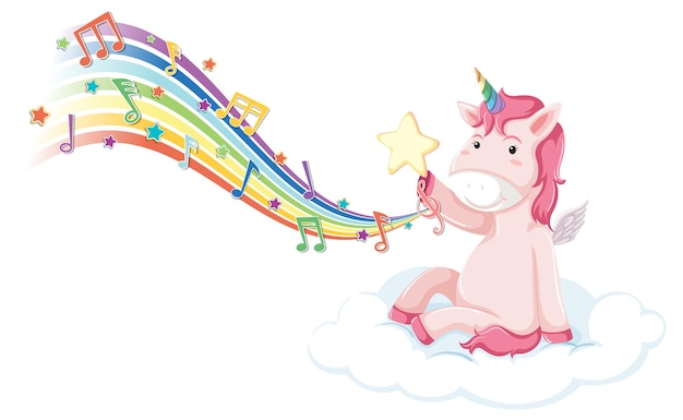 Unicórnio rosa sentado na nuvem com símbolos de melodia no arco-íris