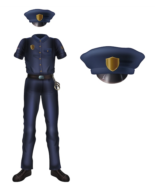 Uniforme da polícia e boné com cocar, traje de segurança policial